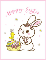 Retro Coquette Easter, Bunny and baby chicken  with a basket of eggs, Cute Festive Hand Drawn Greeting Card Illustration.