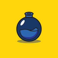 vector illustration of a blue round ampoule with liquid inside on a bright yellow background