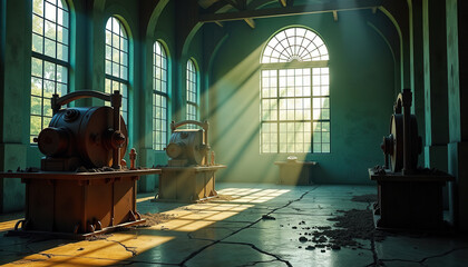 Naklejka premium Derelict factory with large window, sunbeams, and machinery, for industrial history, urban exploration, background designs.