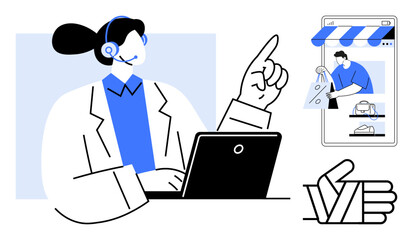 Person assisting with a headset, laptop, and pointing at an online store on a phone screen. Ideal for customer support, online shopping, e-commerce, communication, service quality, technology