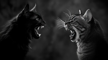 Black and tabby cats glaring at each other in black and white
