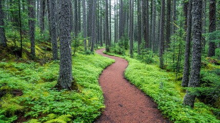 Fototapeta premium Serene Forest Pathway Surrounded by Lush Greenery and Tall Trees in a Tranquil Natural Landscape