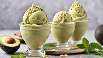 Avocado-based veggie ice cream presented with natural decor for health-conscious food blogs, vegan dessert menus, or imaginative culinary presentations.
