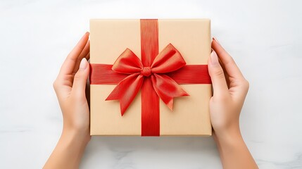 A Gift Wrapped in Beige with a Red Ribbon, Held by Two Hands