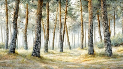 Obraz premium Serene Misty Forest Landscape with Tall Pine Trees and Soft Illumination in a Tranquil Natural Setting