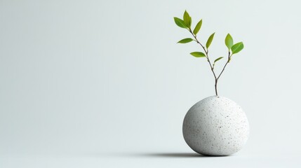 A green plant growing inside a white decorative egg on a plain background