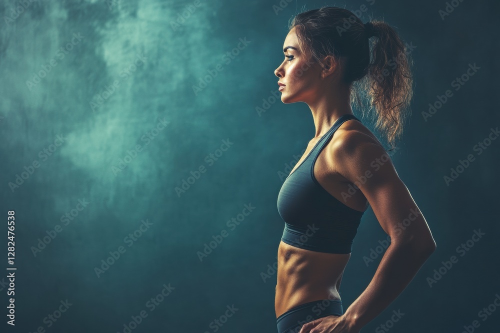 Poster transformation of a womans body showcasing fitness progress in a motivational studio setting. genera