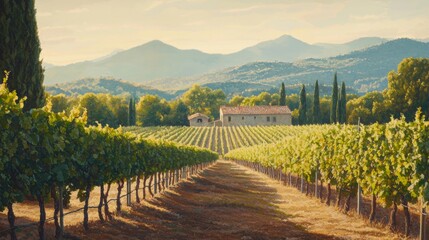 Naklejka premium Serene Landscape with Lush Vineyard and Rustic House Set Against Mountain Backdrop in Soft Evening Light