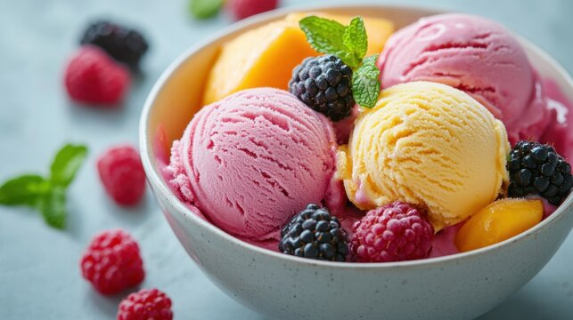 Bowl of ice cream topped with assorted fruits and fresh mint leaves on a wooden table