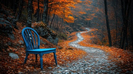 Fototapeta premium Blue Chair rests on path in Autumn woods. Serene landscape imagery