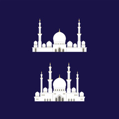 Series of beautiful white mosque medieval palace castle building with dark blue background in flat vector design illustration style