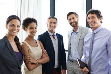 Portrait, diversity and corporate with business people in office for about us, support and legal...
