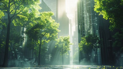 Urban Jungle with Green Trees and Glowing Sunlight in Cityscape