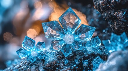 Obraz premium Blue crystal mineral growing on rock, used for geology study and jewelry design