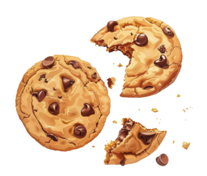 Surrealistic illustration of chocolate chip cookies with one broken cookie on a transparent background.