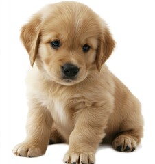 Fototapeta premium A cute golden retriever puppy sitting isolated on a white background, detailed photograph, PNG format.