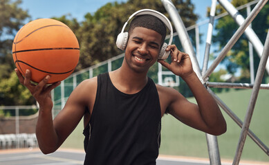 Basketball, man and music with ball on court for match practice, workout break and active hobby....