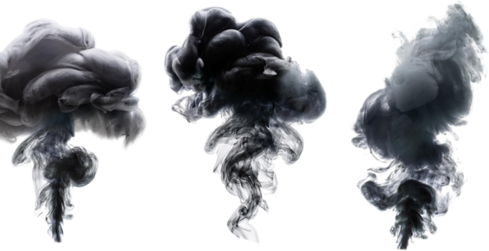 Abstract grayscale ink swirls three dynamic smoke like shapes isolated transparent background
