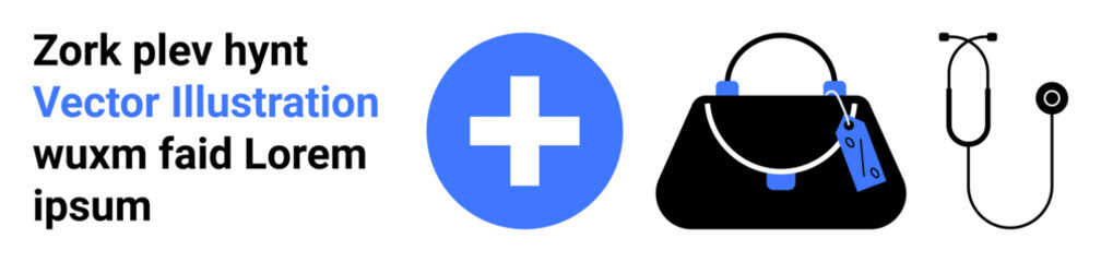 Medical cross, doctors bag with tag, and stethoscope representing healthcare, emergency services, medical kits, first aid, treatment, medical practice, and preparedness in a flat landing page banner