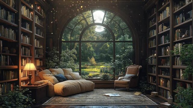 A cozy library with a view of a lush garden, inviting relaxation and contemplation. Seamless looping 4k video background 
