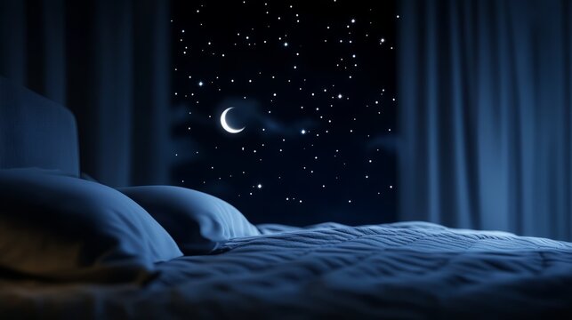 Peaceful bed silhouette under a dreamy night sky, evoking calm and restful serenity
