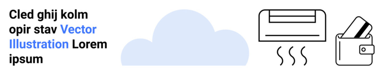 Blue cloud, air conditioner with heat lines, money in wallet. Ideal for climate control, energy efficiency, budgeting, environmental awareness, sustainability, home comfort financial savings