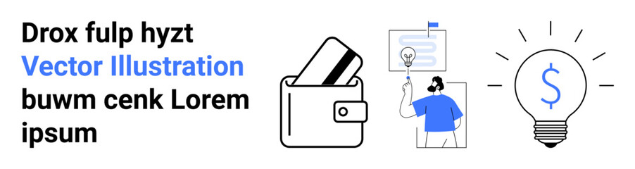 Wallet with cards, figure working on tablet, lightbulb symbol with dollar sign representing ideas and finance. Ideal for business, finance, creativity, innovation, savings, education marketing