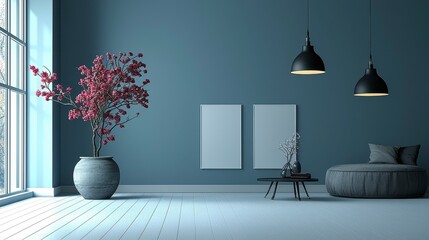 Modern minimalist living room interior design, calm atmosphere, large window, plants