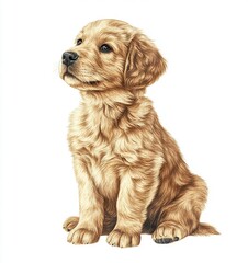 Fototapeta premium A cute golden retriever puppy sitting isolated on a white background, detailed photograph, PNG format.