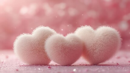 Three Fluffy Hearts on a pink background