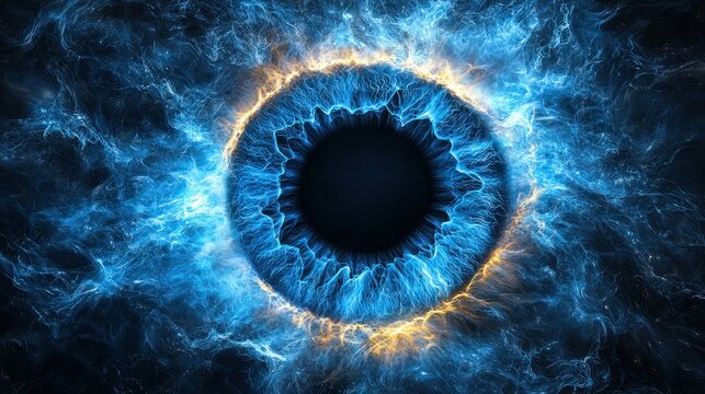 Blue eye with bright yellow glow, cosmic fractal background for medical science