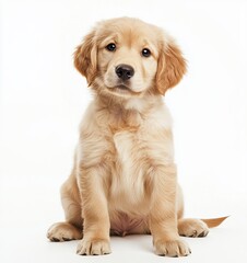 Fototapeta premium A cute Golden Retriever puppy sitting on the floor against a white background, in a photorealistic style