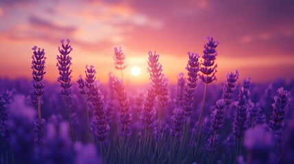 Naklejka premium A serene scene of lavender flowers set against a vibrant sunset sky