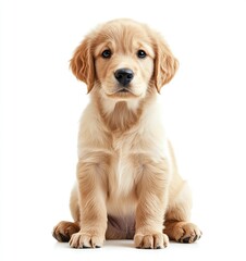 A cute Golden Retriever puppy sitting on the floor against a white background, in a photorealistic style