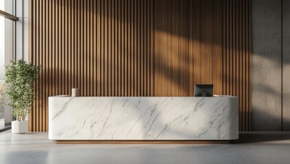 Modern marble reception desk in a wooden-paneled lobby, sunlight streaming through large windows