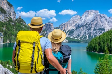 Travelers couple look at the mountain lake Travel and active life concept with team Adventure and travel in the mountains region in Dolomite alps, Italy