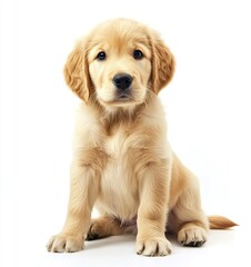 Obraz premium A cute Golden Retriever puppy sitting on the floor against a white background, in a photorealistic style
