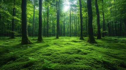 Fototapeta premium Lush green forest with vibrant grass and tall trees under a clear blue sky