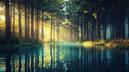 Tranquil forest landscape with sunlight filtering through trees and reflecting on calm water in a serene natural setting