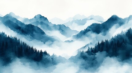 Misty blue mountainscape, serene forest, tranquil scene, nature wallpaper