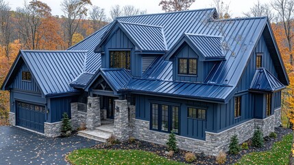 Obraz premium Blue house with metal roof nestled in autumn woods, showcasing architecture