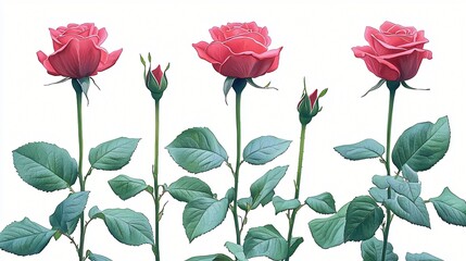 Four roses growth stages, white background, botany illustration