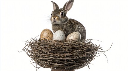 Easter bunny in nest with eggs, white background, spring holiday