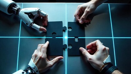 Assembling Puzzle Collaboration Concept with Robot and Human Hands Together
