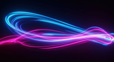 Naklejka premium neon infinity symbol, glowing light trails, blue and pink gradient, electric energy, 3D effect, dark background, futuristic, dynamic movement, abstract art, long exposure photography style, vibrant co