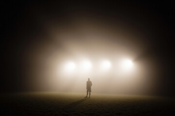 A solitary figure stands amidst a foggy landscape, illuminated by bright lights in a mysterious setting, evoking feelings of intrigue and solitude at dusk.