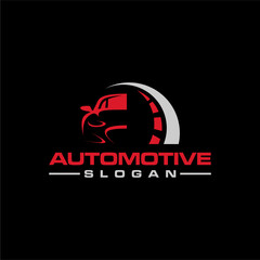 automotive logo design with car, speedometer and gear
