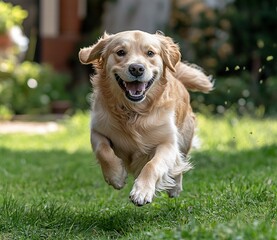 A cute, happy puppy running on the grass, a golden retriever breed dog, natural lighting, high-resolution photography, stock photo, high quality.