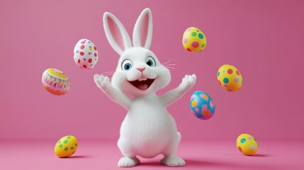 Joyful bunny celebrating Easter with colorful eggs in a bright pink background