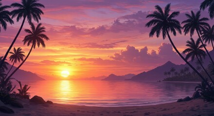 Tropical beach sunset, silhouetted palm trees, golden sun reflection on water, vibrant purple and orange sky, calm ocean waves, serene coastline, distant mountains, idyllic paradise landscape, photore